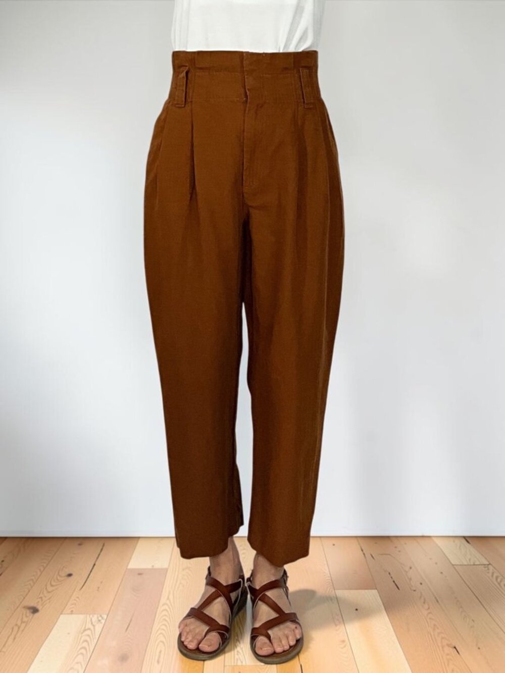 Zara Linen Cotton High Rise Tapered Pant XS Brown Paperbag Waist - Picture 2 of 16